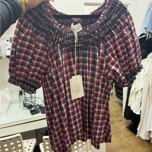 THE GREAT. Red and Blue Checkered Smocked Blouse Available in Size 0 and 1